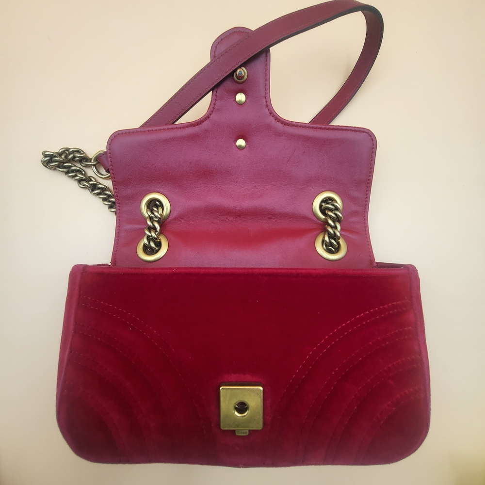 GUCCI Velvet Matelasse Mini GG Marmont Shoulder Crossbody Bag Hibiscus Red,Auth. - Picture 6 of 15